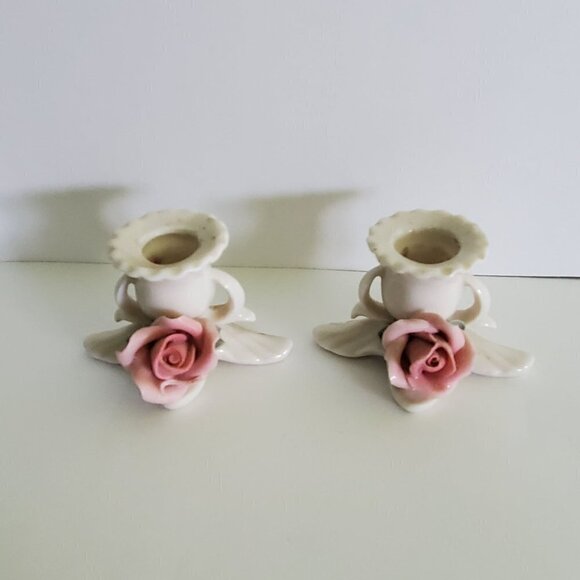 Vintage Karl Ens German Volkstedt 1950s Porcelain Rose Candlestick Holde… - Picture 1 of 5